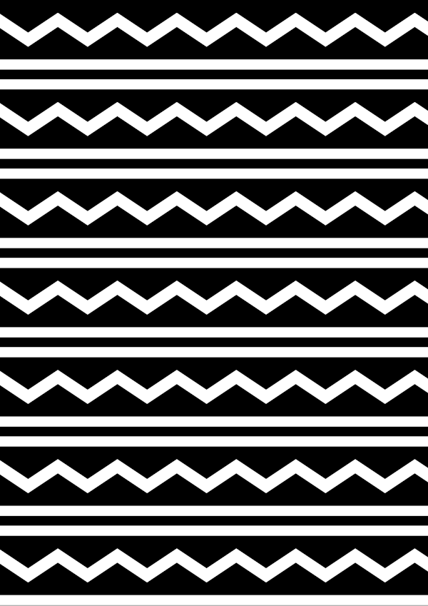 High-contrast bands card (zigzag-fill) for a baby of about 4–6 months — black on white, thinnest feature 4.9 mm.