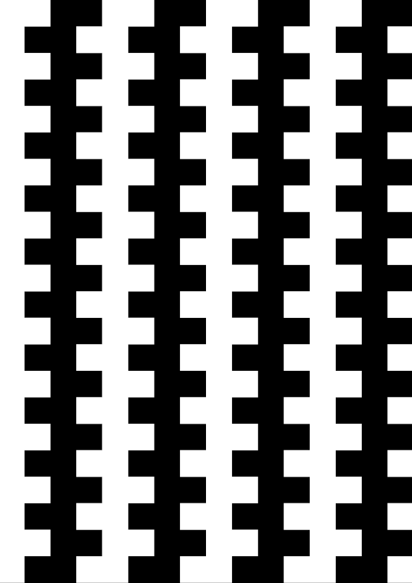 High-contrast checkerboard card (interlock) for a baby of about 4–6 months — white on black, thinnest feature 13.5 mm.