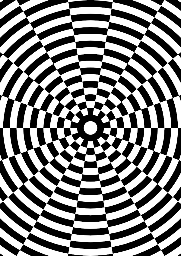 High-contrast dartboard card for a baby of about 4–6 months — white on black, thinnest feature 5.4 mm.