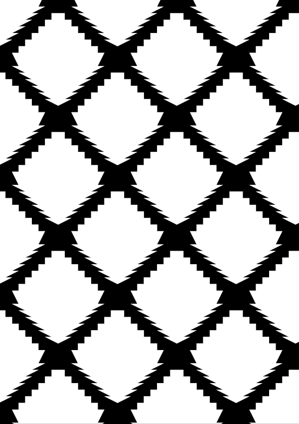 High-contrast ikat card (fine) for a baby of about 4–6 months — white on black, thinnest feature 4.6 mm.