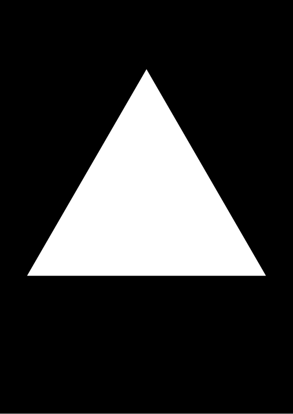 High-contrast single shape card (triangle) for a baby of about 4–6 months — white on black, thinnest feature 105.0 mm.