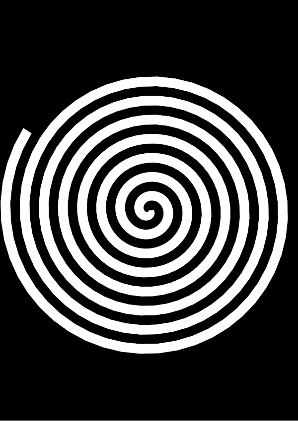 High-contrast spiral card for a baby of about 4–6 months — white on black, thinnest feature 6.7 mm.