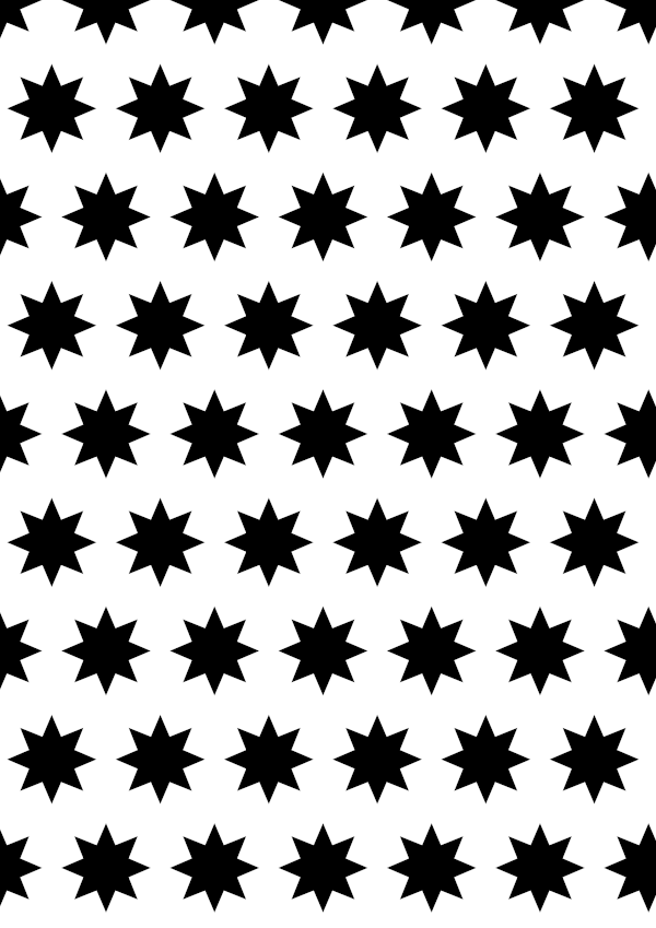 High-contrast stars card (eight-point) for a baby of about 4–6 months — black on white, thinnest feature 6.0 mm.