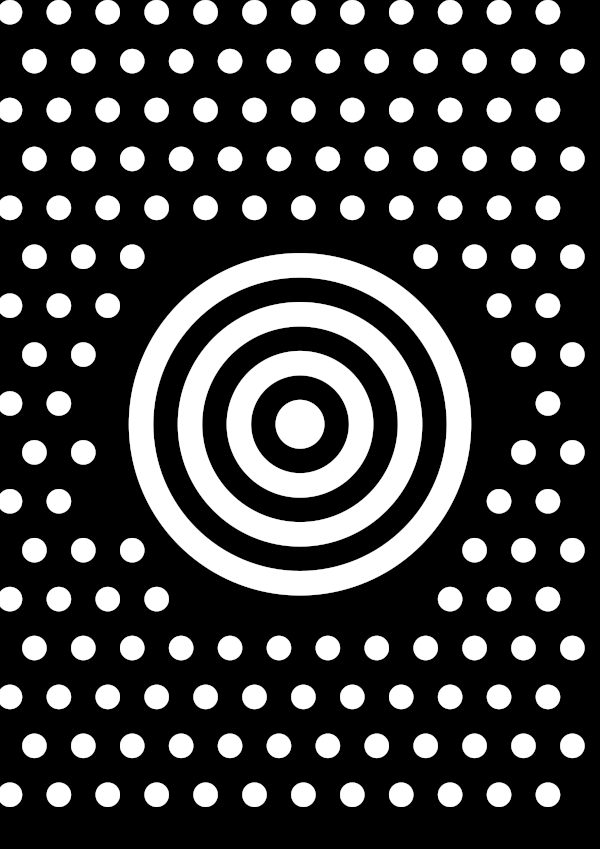 High-contrast target field card for a baby of about 4–6 months — white on black, thinnest feature 8.6 mm.
