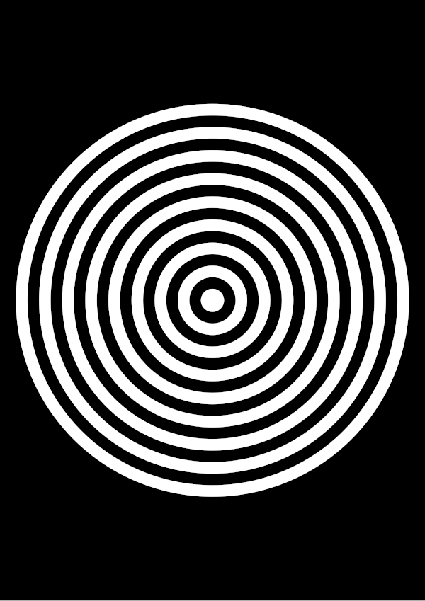 High-contrast bullseye card for a baby of about 2–3 months — white on black, thinnest feature 5.7 mm.