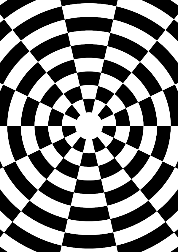 High-contrast dartboard card for a baby of about 2–3 months — white on black, thinnest feature 7.2 mm.
