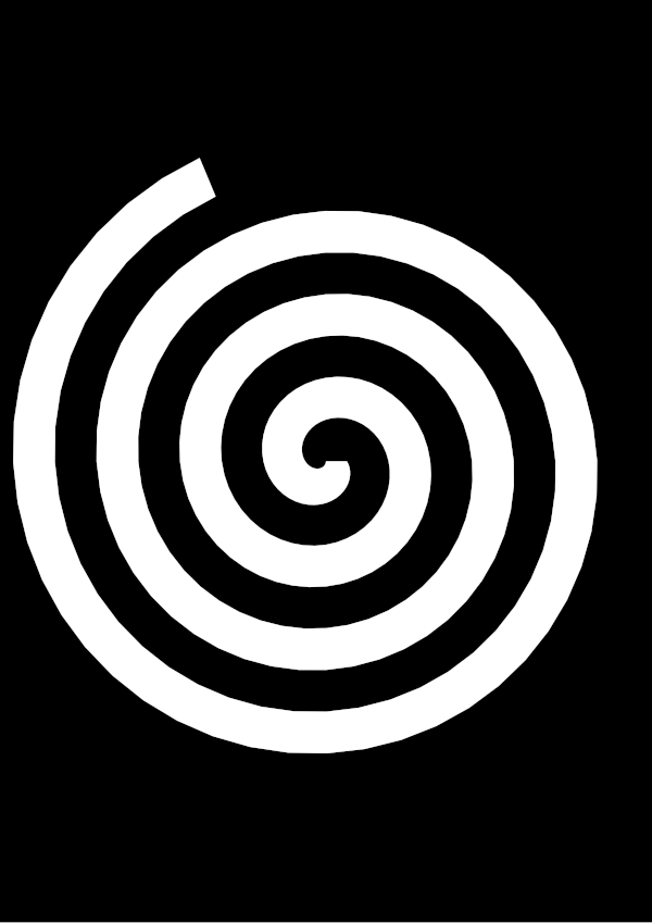 High-contrast spiral card for a baby of about 2–3 months — white on black, thinnest feature 13.4 mm.