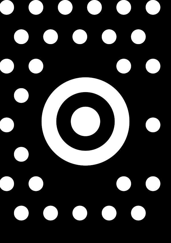 High-contrast target field card for a baby of about 2–3 months — white on black, thinnest feature 18.0 mm.