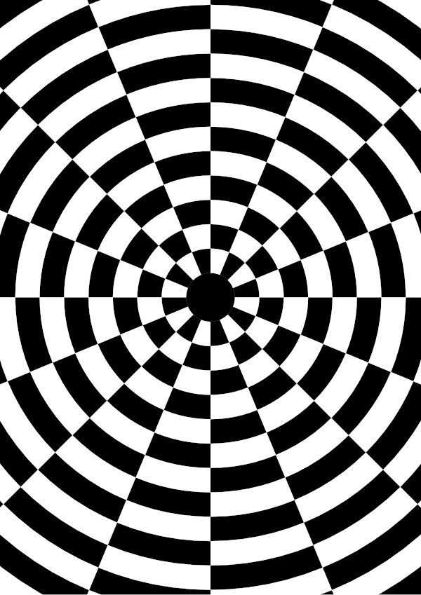 High-contrast dartboard card for a baby of about 3–4 months — black on white, thinnest feature 4.8 mm.