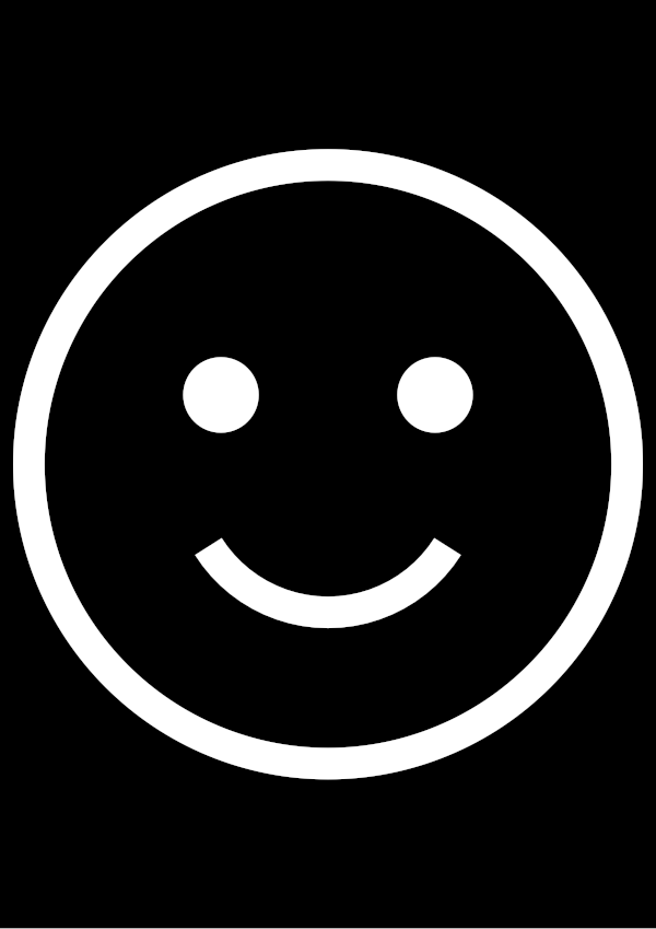 High-contrast schematic face card (eyes and smile) for a baby of about 3–4 months — white on black, thinnest feature 10.1 mm.