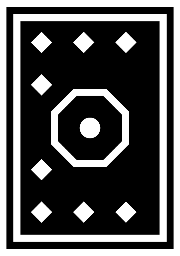 High-contrast medallion card (octagon) for a baby of about 3–4 months — white on black, thinnest feature 8.2 mm.