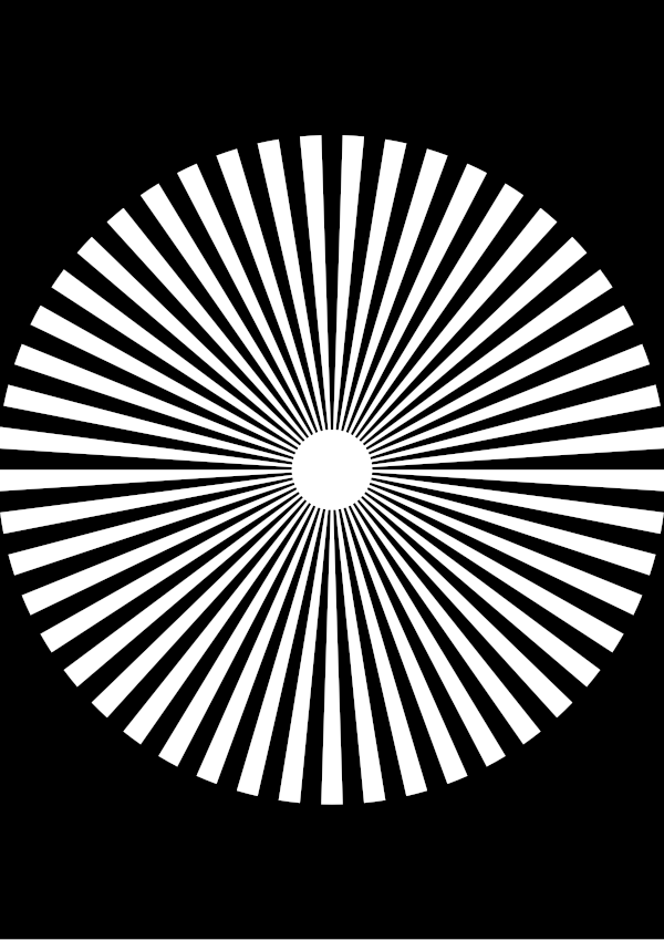 High-contrast sunburst card for a baby of about 3–4 months — white on black, thinnest feature 6.8 mm.