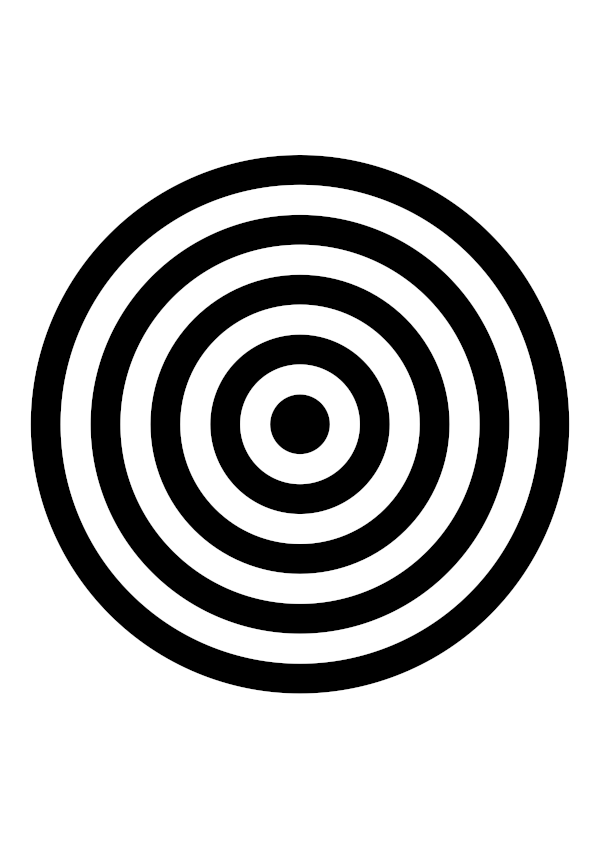 High-contrast bullseye card for a newborn — black on white, thinnest feature 10.5 mm.