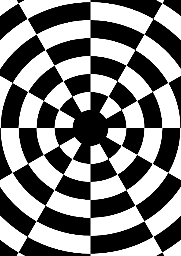 High-contrast dartboard card for a newborn — black on white, thinnest feature 10.9 mm.